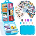 14 Grids Travel Pill Organizer Box with 415-Pcs Medicine Name Labels - Pocket Daily Pharmacy Case Container Kit - Travel Medication Holder Dispenser for Fish Oil Vitamin Supplement Storage - Blue