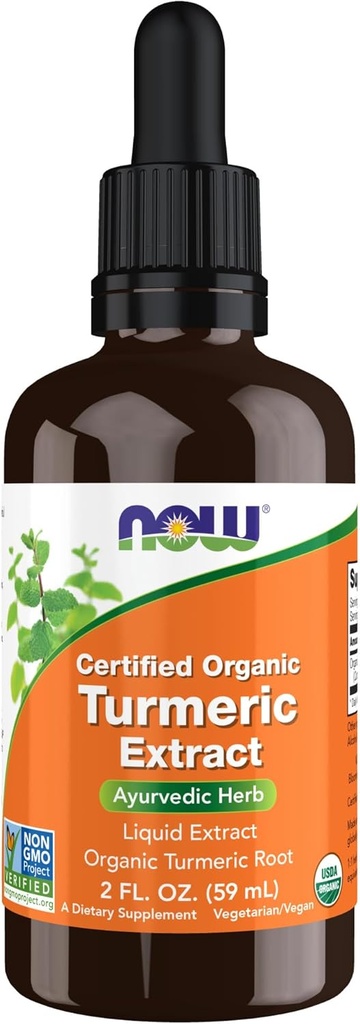 NOW Foods Supplements, Certified Organic Turmeric Extract, Ayurvedic Herb, Liquid Extract, Organic Turmeric Root 2 fluid ounces