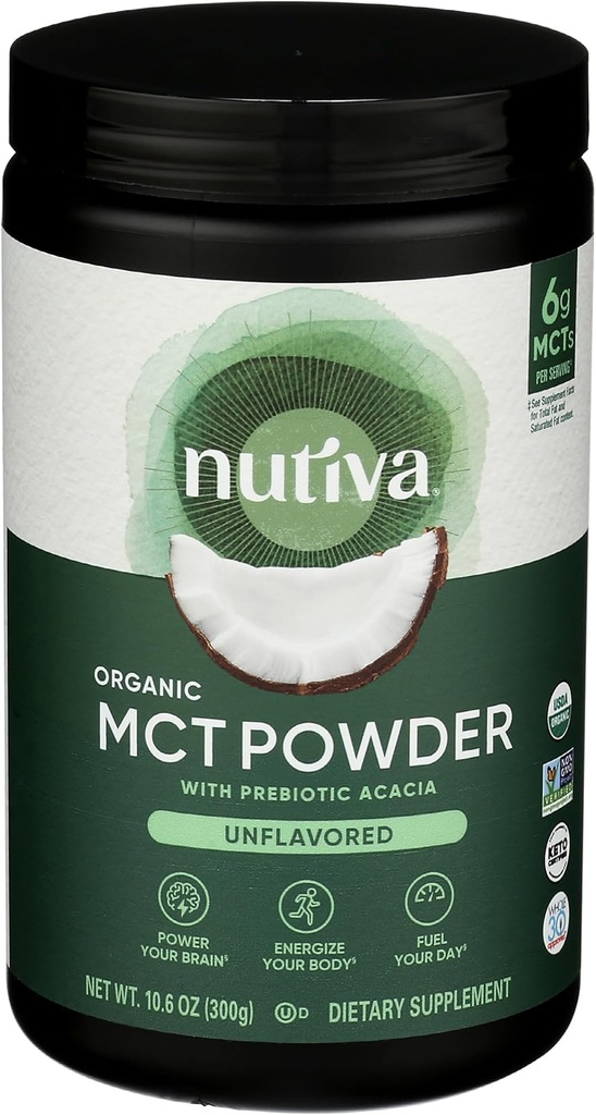 Nutiva Organic MCT Powder with Prebiotic Acacia Fiber, Classic, 10.6 Oz, USDA Organic, Non-GMO, Non-BPA, Vegan, Gluten-Free, Keto & Paleo, Instant Beverage or Boost to Coffee & Smoothies