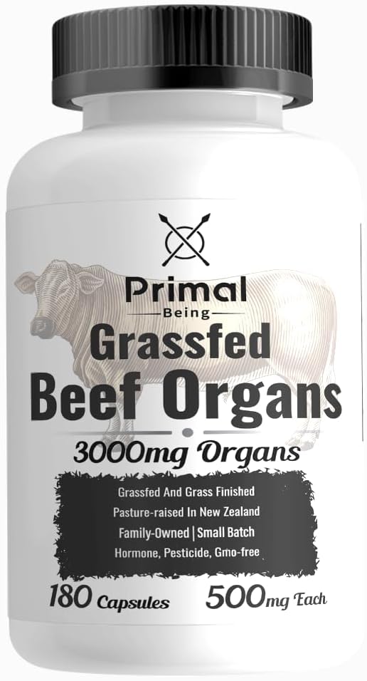 Primal Being Grassfed Beef Organ Complex - Liver, Heart, Pancreas, Spleen, & Kidney- Supports Overall Health & Performance - 180 Capsules, 3000mg per Serving
