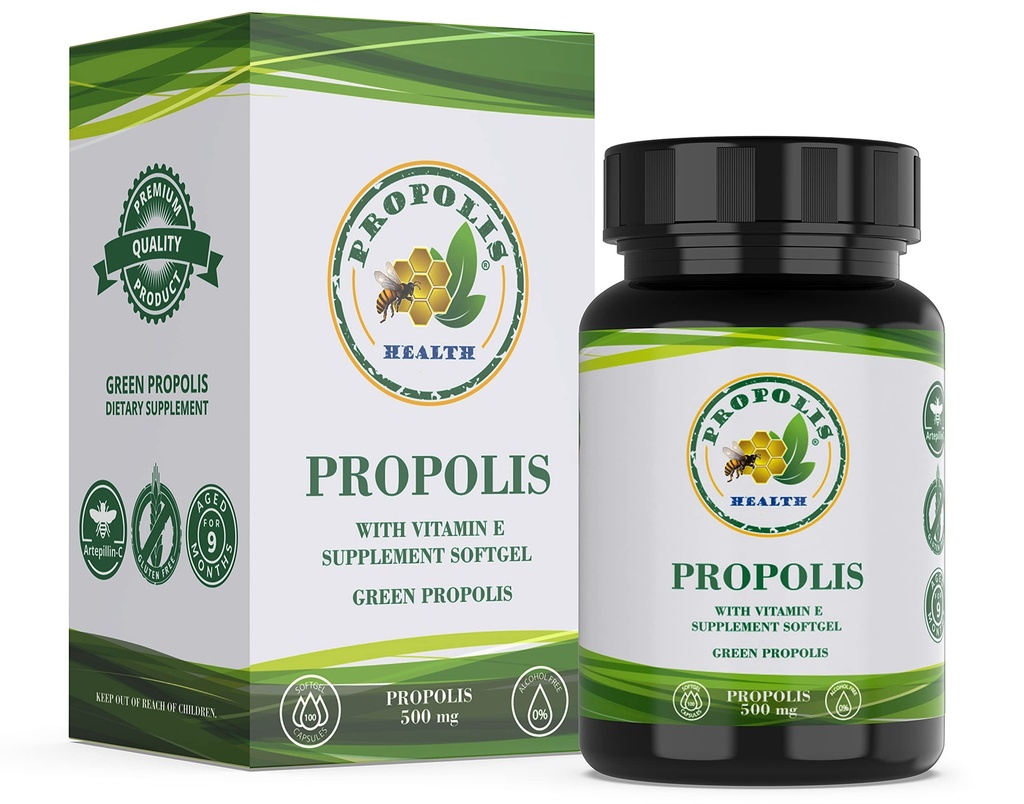 Propolis Health Propolis Capsules 1000mg-Daily with Vitamin E Per dose - Pure Brazilian Green Propolis Extract - Immune Booster 50 Days Supply -100 Capsules