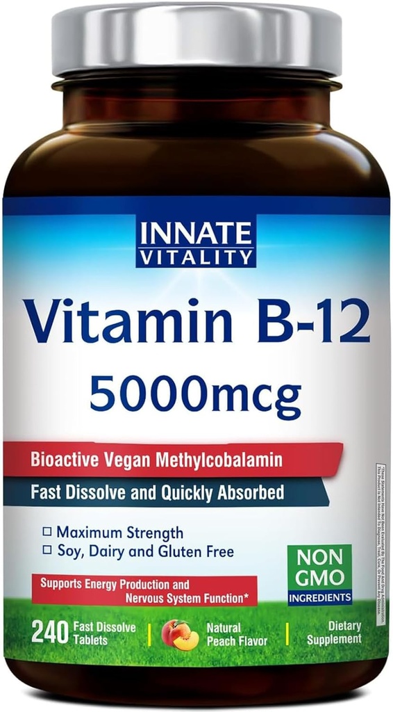 Innate Vitality Vitamin B12 5000mcg, Sublingual, Vegan Methylcobalamin, Fast Dissolve Tablets, Natural Peach Flavor, Supports Energy Production & Healthy Nervous System, 240 Tablets
