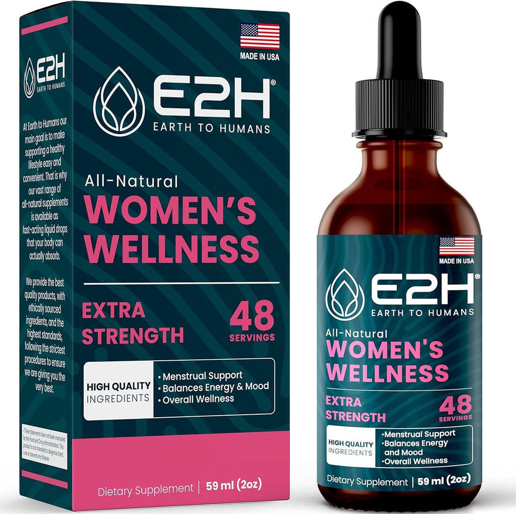 E2H All Natural Women's Wellness, Hormone Balance and PMS Relief with Black Cohosh, Dong Quai and Licorice Root for Hot Flash Relief - 2 Fl Oz