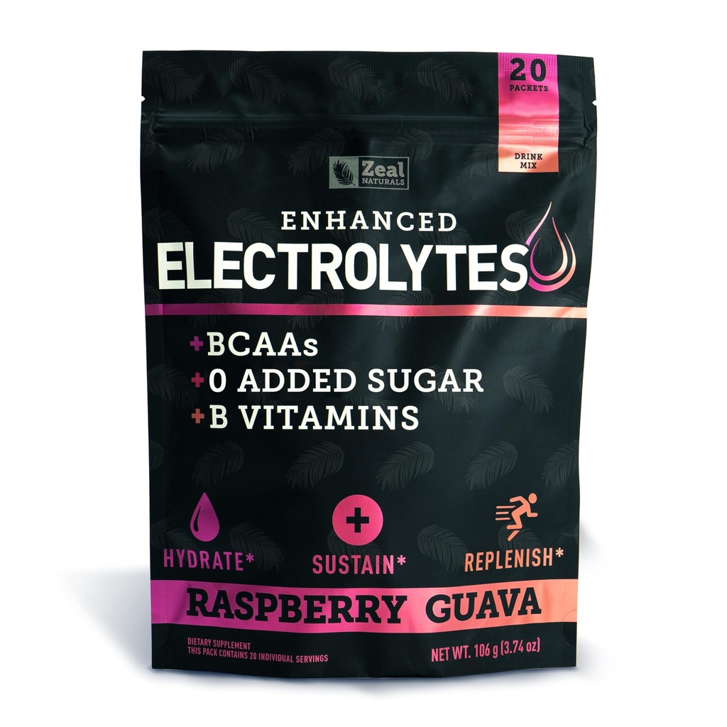 Enhanced Electrolyte Powder Stick Packs (Raspberry Guava | 20 Packets) w/ 0 Sugar +BCAAs +B-Vitamins Electrolyte Supplement w Potassium Zinc & Magnesium for Hydration - Keto Electrolytes