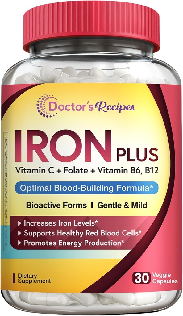 Doctor's Recipes Iron Supplement for Women Men - Gentle Iron Bisglycinate with Vitamin C, B6, Folate & B12 - Non-Constipating & Stomach Friendly Iron Pills for Blood & Energy Support, 30 Vegan Caps