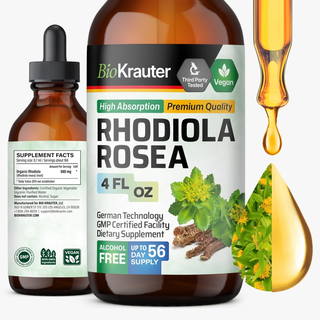 BIO KRAUTER® Rhodiola Rosea for Calm & Sleep Support - Vegan Rhodiola Rosea Supplement for Mood Support - Natural Calm Drops for Relaxation, 4 Fl.Oz 56-Day Supply, Alcohol & Sugar Free