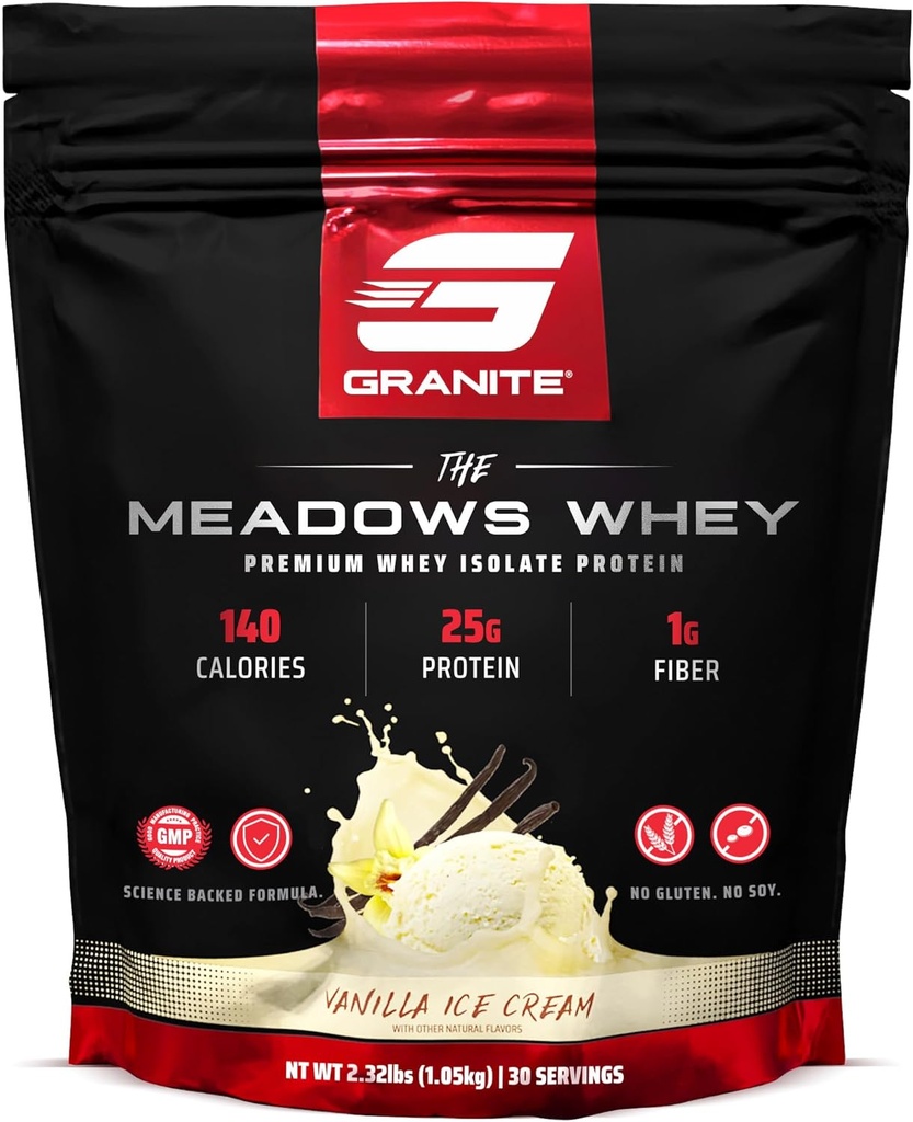 Granite Supplements The Meadows Whey Protein Isolate Protein Powder for Lean Muscle with 150 Calories, 2g Fiber, 1g Sugar (30 Servings), Vanilla Ice Cream Flavor