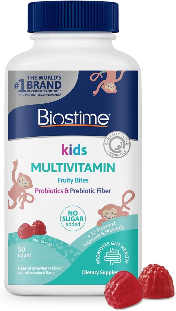 Biostime Kids Multivitamin Gummies with Probiotics & 11 Essential Vitamins (Ages 4+) | Multivitamin for Kids | No Added Sugar Fruity Bites | Free from Top 9 Allergens | 50 Count