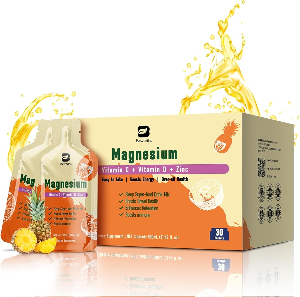 Magnesium Citrate Liquid Supplement 280Mg with Bromelain, Vitamin C, D3, B6, Zinc, High Absorption Magnesium Citrate Drink for Constipation, Zzz & Energy