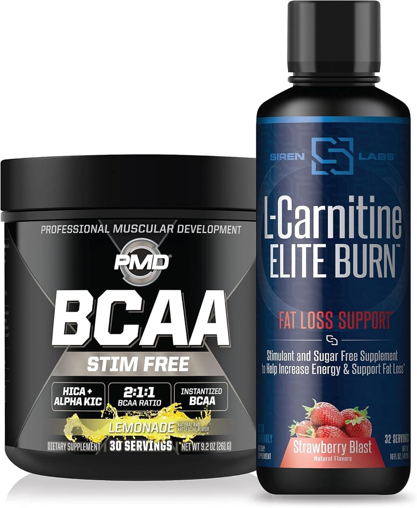 PMD Sports BCAA's Stim Free for Recovery and Performance Lemonade (30 Servings) & Siren Labs L-Carnitine Elite Burn Fat Loss Support Strawberry Blast 3000 mg (32 Servings)