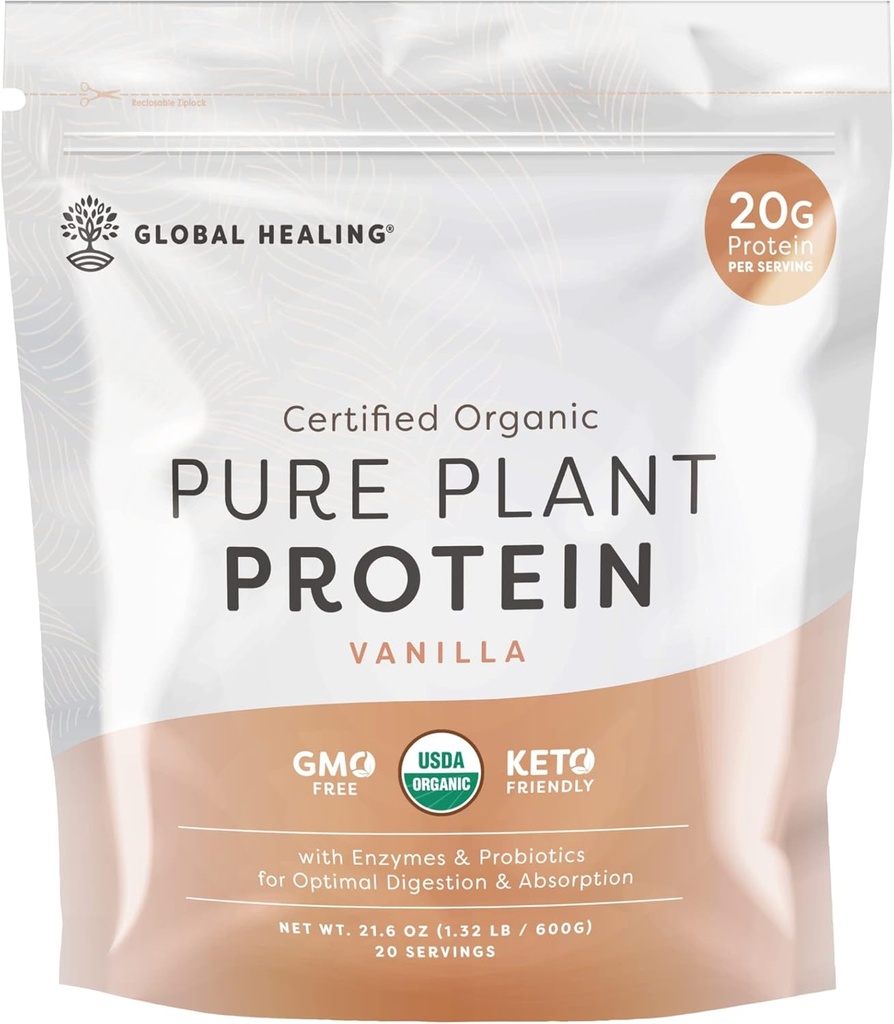 Global Healing Vegan Vanilla, Plant Based Protein Powder for Women & Men, Organic, Meal Replacement (20 Servings, 20g of Protein)