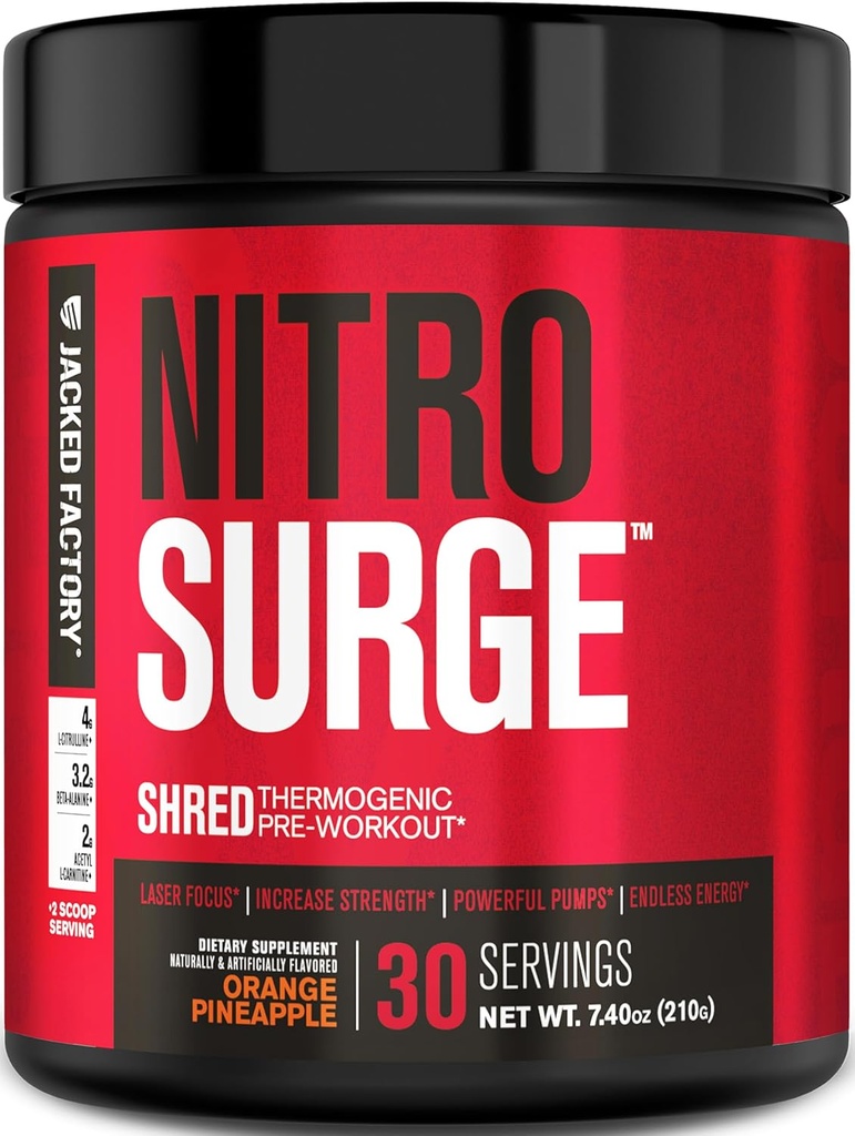 Jacked Factory NITROSURGE Shred Pre Workout Supplement - Energy Booster, Instant Strength Gains, Sharp Focus, Powerful Pumps - Nitric Oxide Booster & PreWorkout Powder - 30Sv, Orange Pineapple