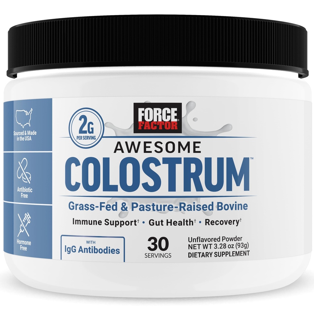 Force Factor Awesome Colostrum to Support Gut Health, Immune Function, Recovery, & More, Bovine Colostrum Supplement, Pasture-Raised, Grass Fed, Hormone Free, Naturally Unflavored, 30 Servings