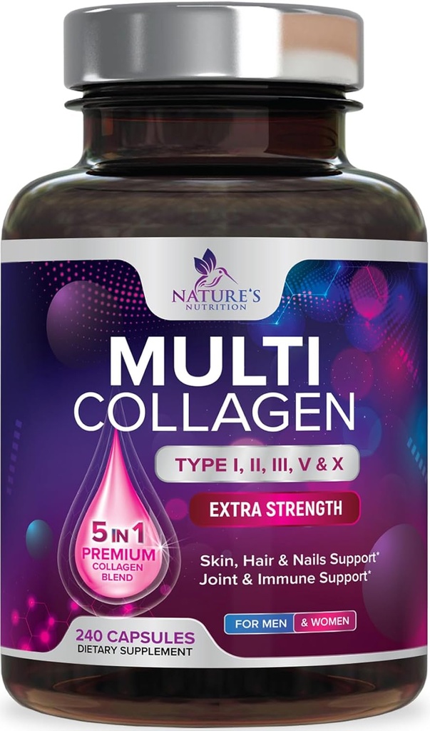 Multi Collagen Supplement 2400 mg - Types I, II, III, V & X Multi Collagen Peptides Pills for Women & Men, Hydrolyzed Collagen Supplements, Hair, Skin, Nail, & Joint Support Supplement - 240 Capsules