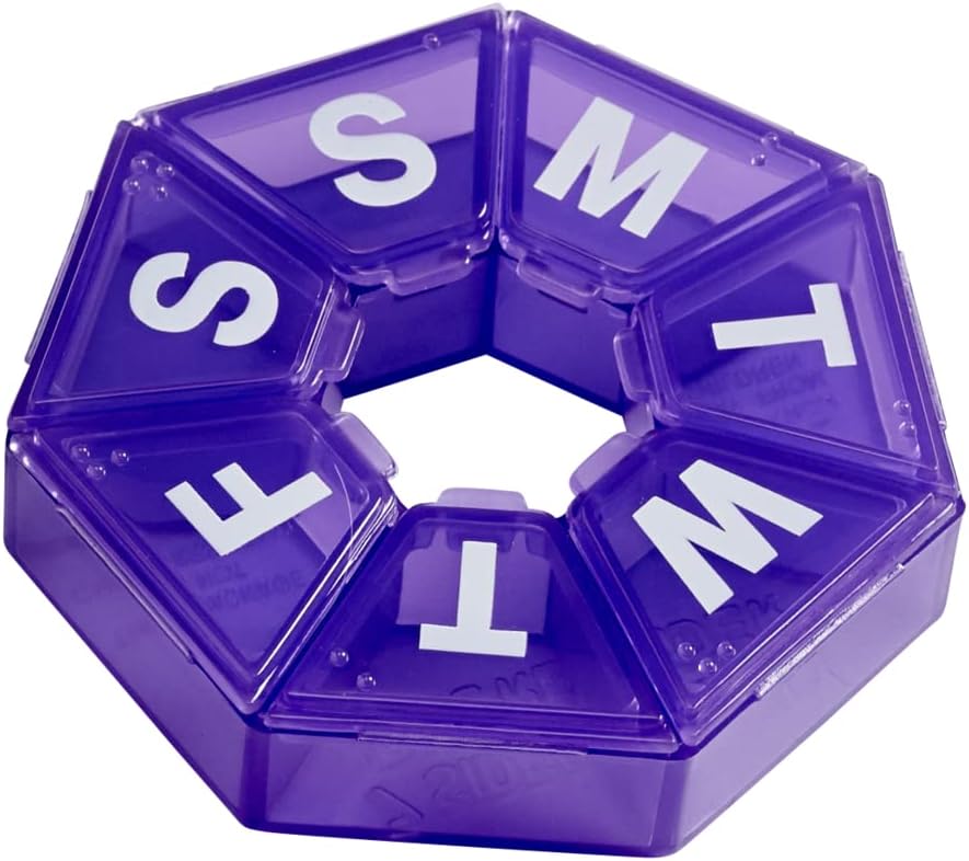 EZY DOSE Weekly Pill Organizer, Medicine Box, and Vitamin Planner, Travel Pill Planner, Portable Storage, 7-Sided, Purple, BPA Free