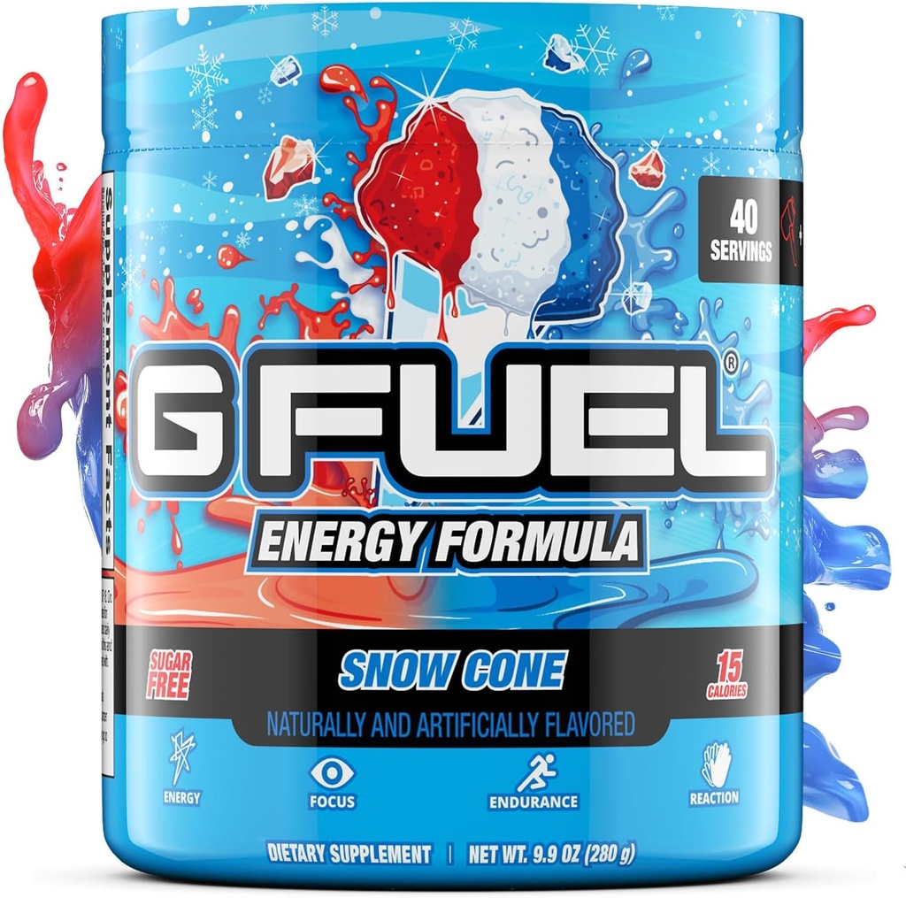 G Fuel Snow Cone Energy Drink Powder, Pre Workout Caffeine Mix for Gaming, Sugar Free Focus Amino, Vitamin + Antioxidants, 9.9oz (Snow Cone, 40 Servings)