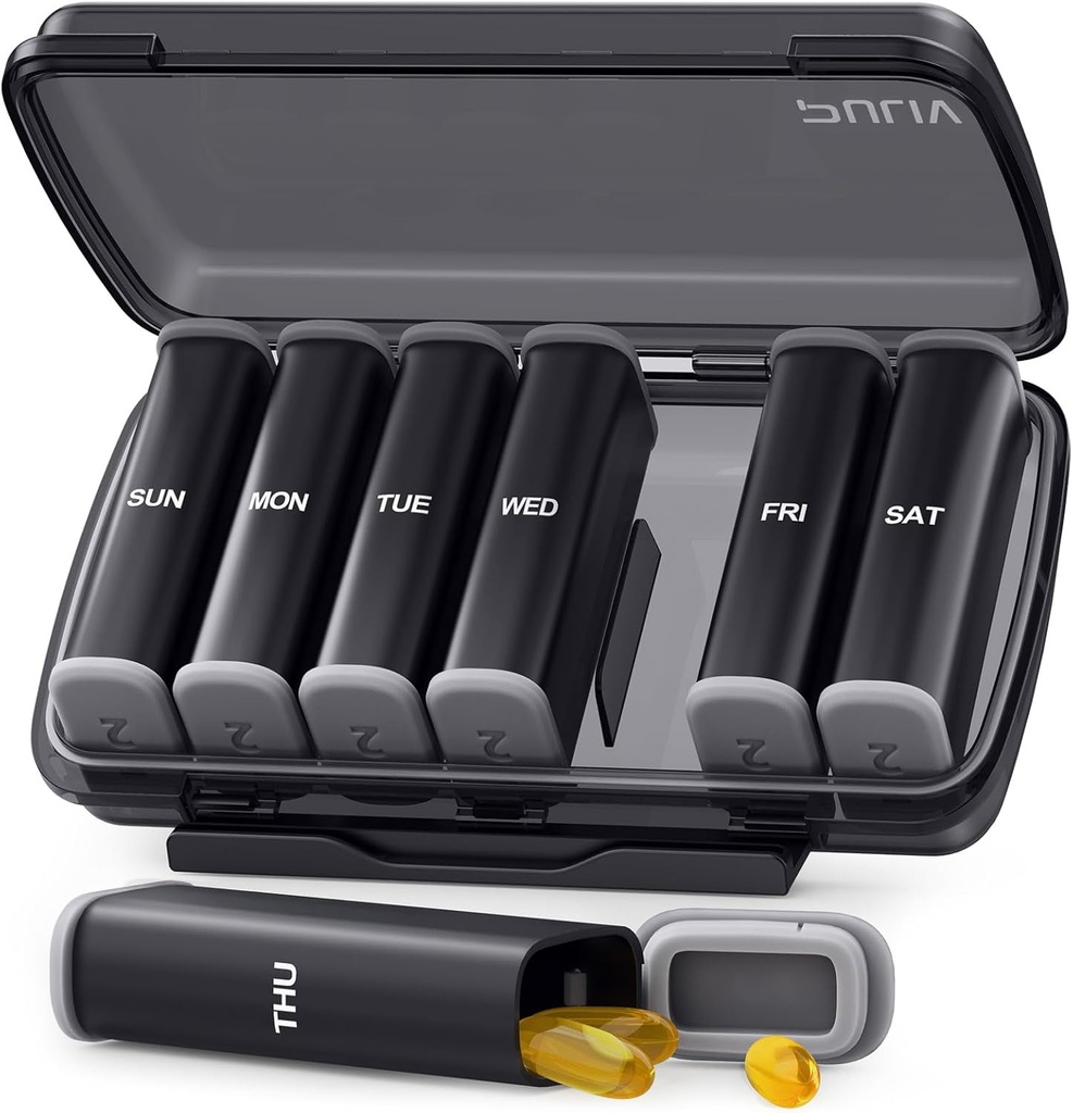 PULIV Large Weekly Pill Organizer 2 Times a Day with Dual Damp-Proof Design, Black AM PM Pill Box 7 Day for Privacy Protection, Pill Case for Vitamins, Medications, Fish Oils, Supplements