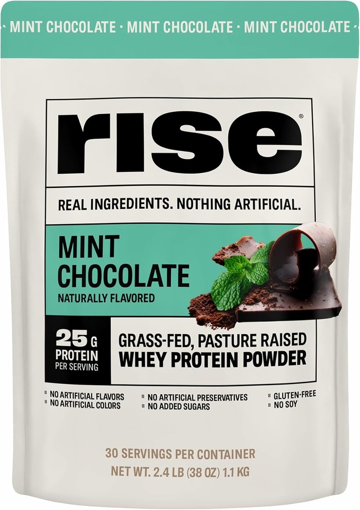 Rise Grass-Fed Whey Protein Powder - Mint Chocolate | 25g Protein No Artificial Flavors, Colors, or Preservatives - Sugar Free, Gluten-Free, Soy Free (2.4 lbs)
