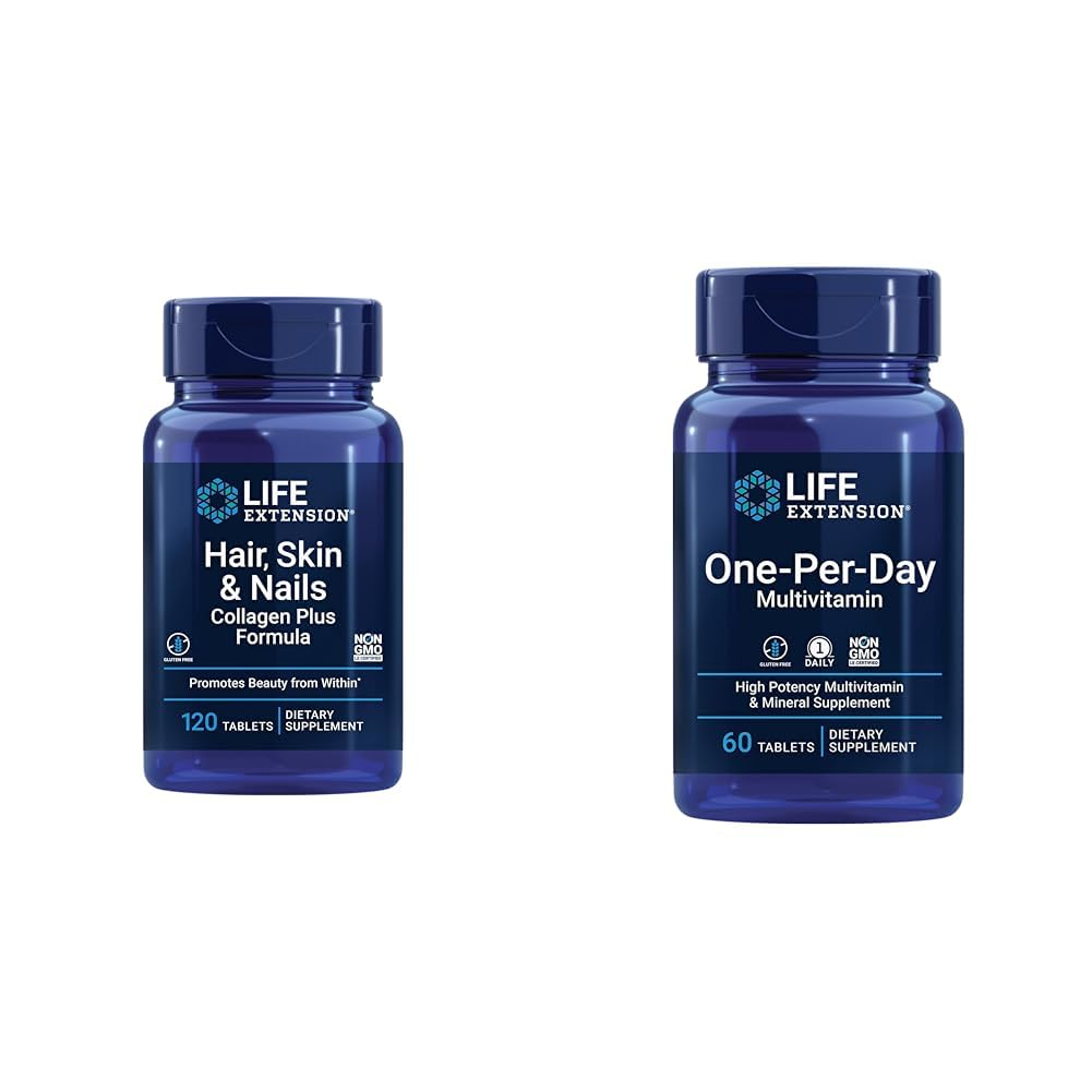 Life Extension Hair, Skin & Nails Collagen Plus Formula with Multivitamin - 120 Count & 60 Tablets