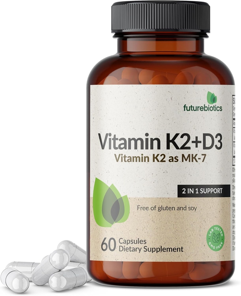 Futurebiotics Vitamin K2 (MK7) with D3 Supplement - Non-GMO Formula - 5000 IU Vitamin D3 & 90 mcg Vitamin K2 MK-7, 60 Vegetarian Capsules