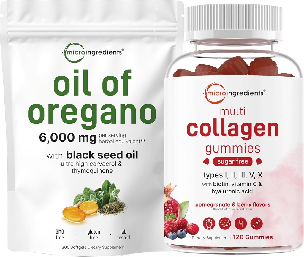 Micro Ingredients Oil of Oregano Softgels 6,000mg Per Serving & Multi Collagen Peptides Gummies Bundle Pack | 4X Strength Carvacrol & Thymoquinon | Type I,II,III,V,X Protein