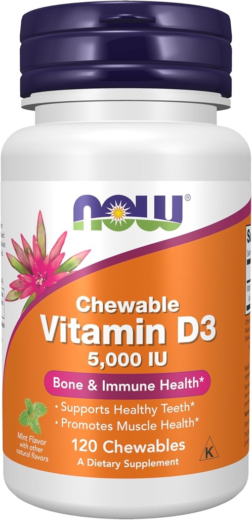 NOW Foods Supplements, Vitamin D-3 5,000 IU, Natural Mint Flavor, Structural Support*, 120 Chewables