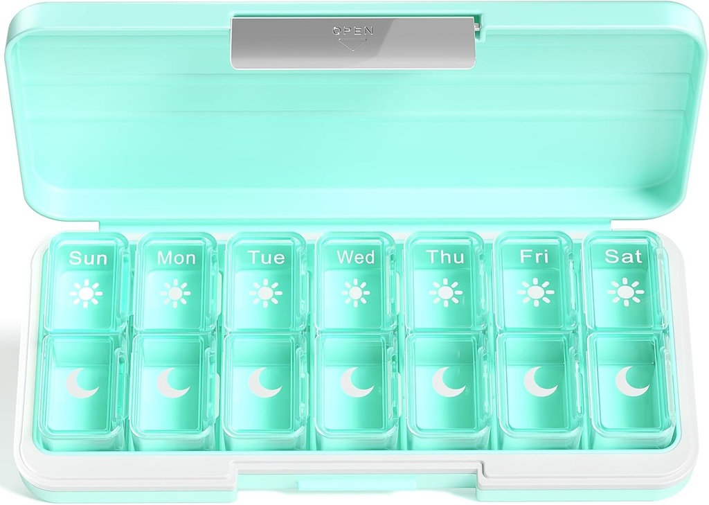 Zoksi Am Pm Pill Organizer 7 Day, Weekly Pill Box 2 Times a Day, Medicine Pill Organizer with Separate Compartment, Travel Pill Case Dispenser Portable for Vitamins, Fish Oils, Medicines(Green)