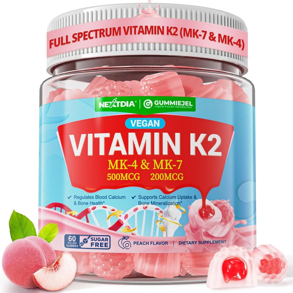 Vitamin K2 Gummies MK-7 200 mcg & MK-4 500 mcg for Women & Men Sugar Free, Perfect 2-IN-1 Full Spectrum Vitamin K2 Supplement for Bone, He❤rt, Promotes Calcium Absorption, Brain, Teeth, Immune,1Pack