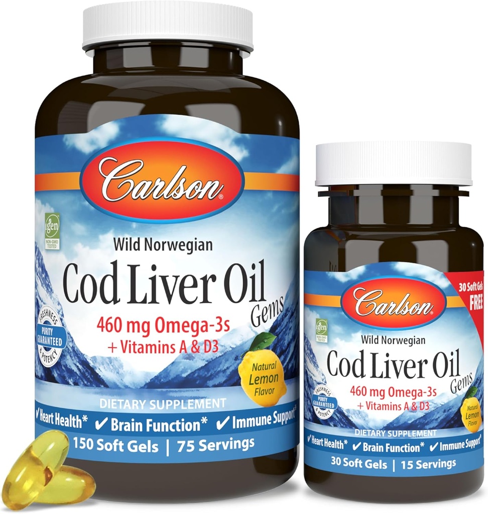 Carlson - Cod Liver Oil Gems, 460 mg Omega-3s, Plus Vitamins A and D3, Wild Caught Norwegian Arctic Cod, Sustainably Sourced Nordic Fish Oil Capsules, Lemon, 150 + 30 Softgels