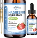 Triple Magnesium Complex Liquid Drops, 1300mg Magnesium Glycinate, Taurate & Citrate with Omega3, L-Theanine, Ashwagandha, Potassium, D3, B6, B12 for Calm, Sleep, Muscle, Strawberry Flavor, 2 Fl OZ