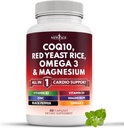 NEW AGE COQ10 200mg Red Yeast Rice, Omega 3, Magnesium Complex, Zinc Vitamin K2 D3 - Heart Health Support Vitamins for Women and Men with Vitamin B3, Coenzyme Q10-60 Count