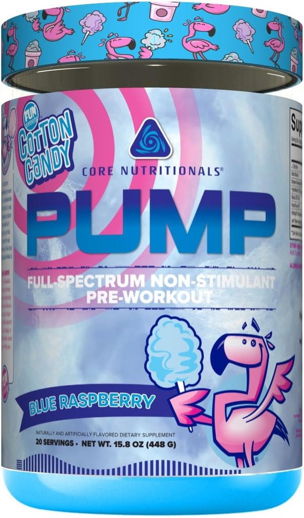Core Nutritionals Pump Full-Spectrum Non-Stimulant Pre-Workout, with N03T Nitrate, Peak02, Alpha GPC, for Maximum Pump, Strength, and Performance 20 Servings (Fun Sweets Cotton Candy™ Blue Raspberry)