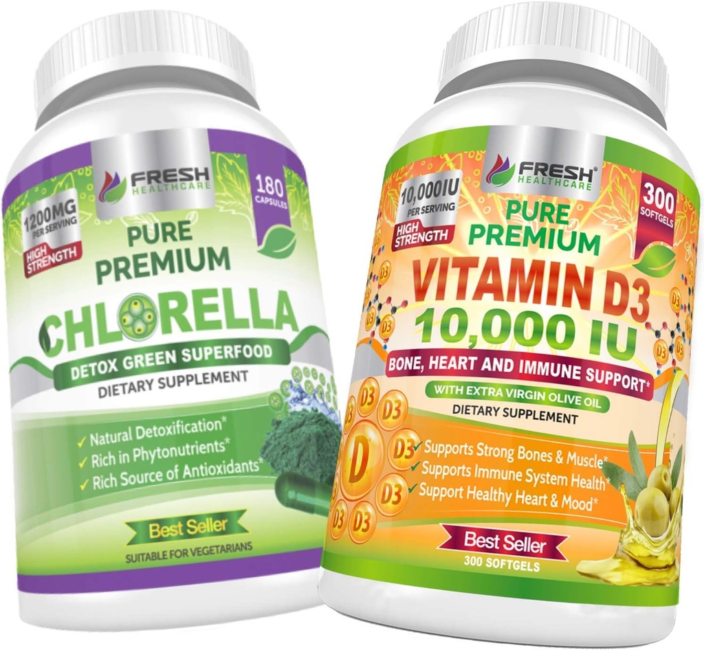 FRESH HEALTHCARE Chlorella and Vitamin D3 10,000 IU - Bundle
