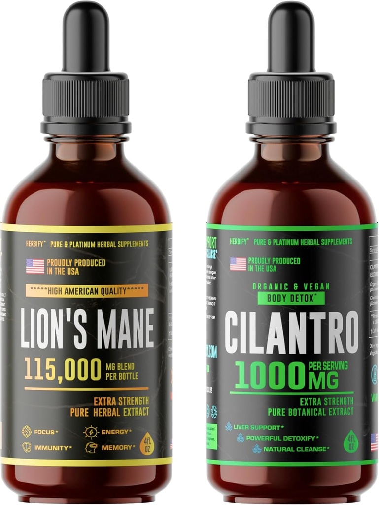 HERBIFY Bundle - Lions Mane Drops & Cilantro Tincture - Brain Boost & Body Detox