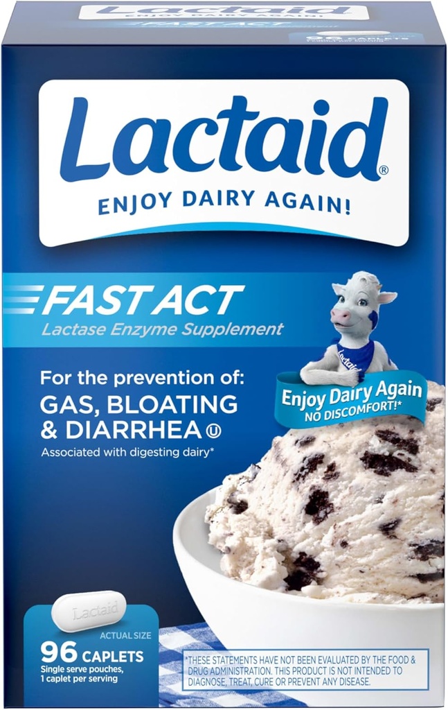 Lactaid Fast Act Lactose Intolerance Caplets with Lactase Enzyme, Dairy Relief from Gas, Bloating & Diarrhea, 9000 FCC Lactose Intolerance Pills, 96 Individual Travel On-The-Go Packs (96 x 1 ct)