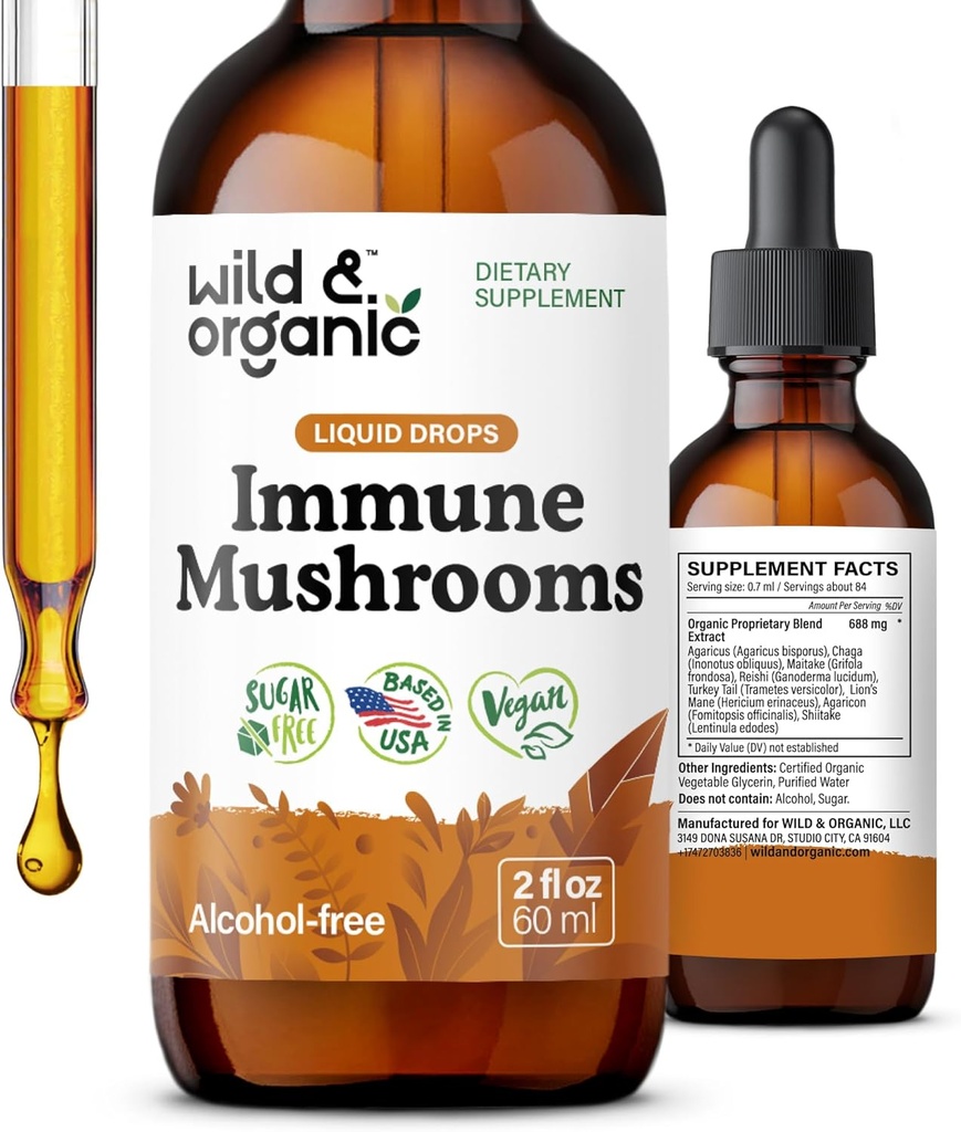 Wild & Organic Immune Mushrooms Tincture - 8-in-1 Mushroom Complex with Chaga, Turkey Tail, Lion's Mane, Reishi Extract - Immune Support Drops - Vegan, Sugar & Alcohol-Free Liquid Supplement - 2 fl oz