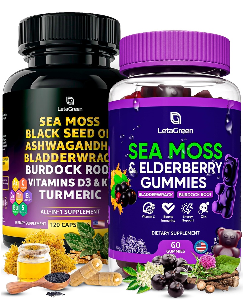 Sea Moss Capsules + Gummies Bundle, 60 Irish Sea Moss Gummies + 120 Ocean Wild SeaMoss Capsules with Vitamins and Minerals