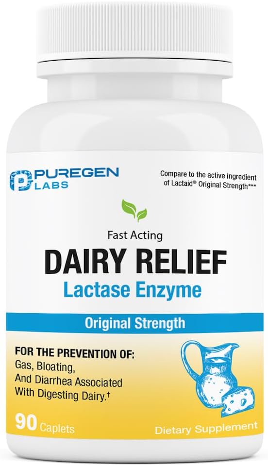 Puregen Labs Dairy Relief Natural Fast Acting Lactase Enzyme 3000 FCC, Lactose Intolerance Pills 90 Caplets