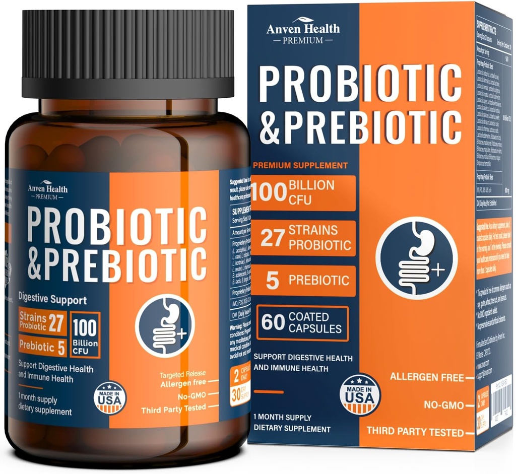 100 Billion Probiotics for Men and Women 27 Strains 5 Organic Prebiotics for Gut Digestive & Immune Health, Supports Diarrhea Gas Bloating, Non-GMO, Zero Fillers – Made in USA丨60 Caps