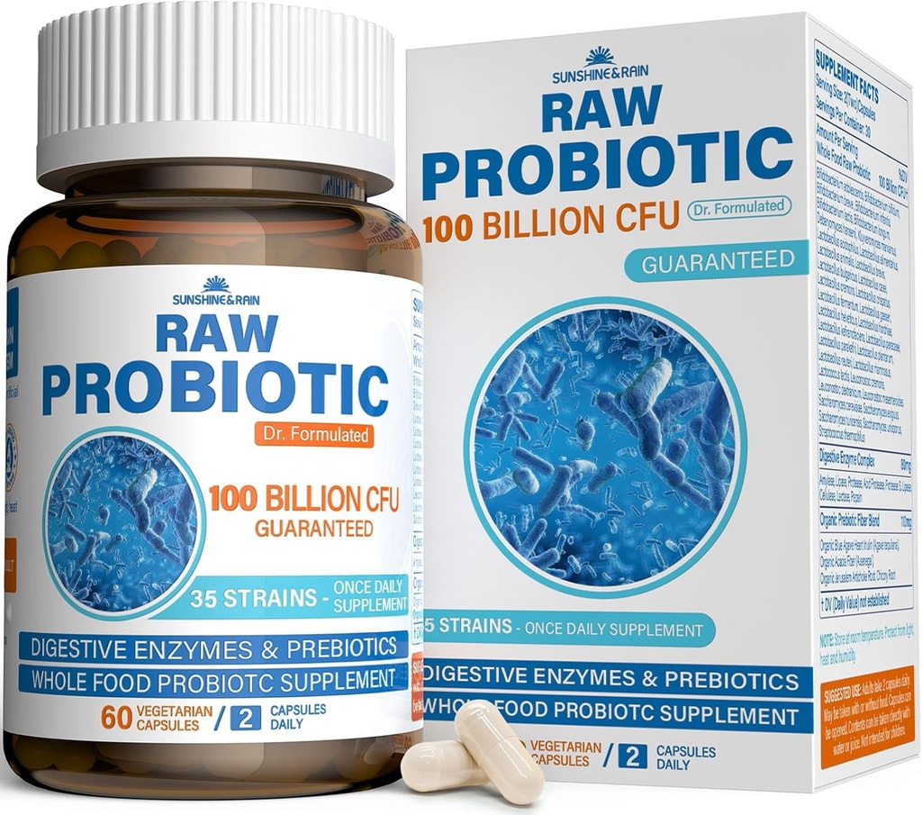 Raw Probiotics for Women & Men - 100 Billion CFU, 35 Strains, Organic Prebiotics & Natural Digestive Enzymes for Digestive, Gut & Immune Health - Dairy, Soy and Gluten Free, Non-GMO, 60 Vegan Capsules