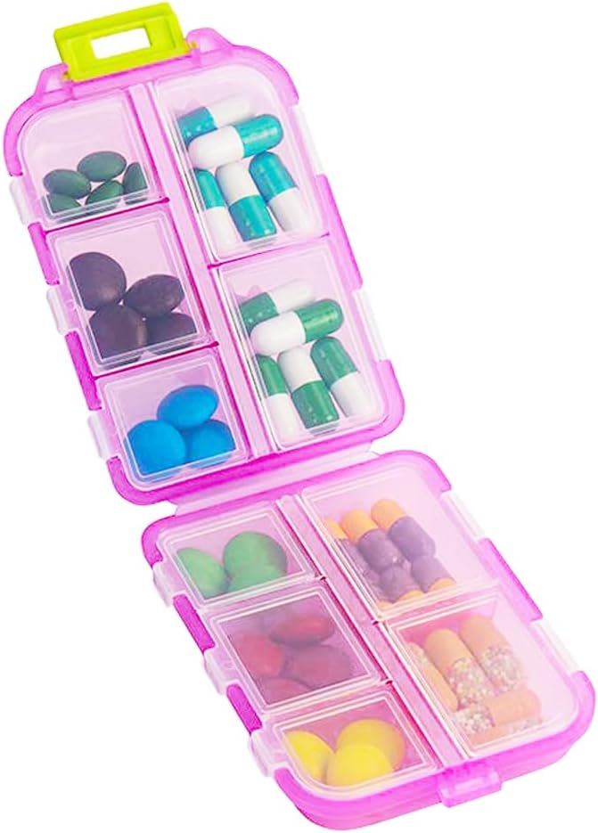 Travel Pill Organizer, Moisture Proof Daily Medicine Dispenser Box, Small Weekly Vitamin Case for Supplement, Fish Oil, Meds, Pocket Pharmacy Cute Capsule Container 10 Compartments, Pink