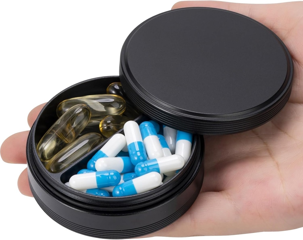 Pill Box 2 Compartment Pill Case - Portable Metal Travel Pill Container for Pocket or Purse, Waterproof Pill Organizer Holder for Medicine Vitamin Fish Oil and Supplements