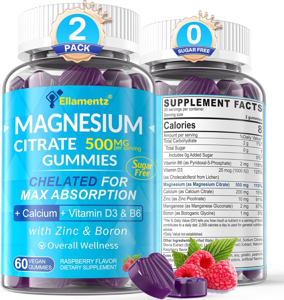 Magnesium Citrate Gummies 500mg for Women Men Sugar Free, Magnesium Citrate for Constipation | Chelated Magnesium Gummies with B6 for Mood, Calm |Calcium Magnesium Zinc D3 Supplement for Bone & Muscle