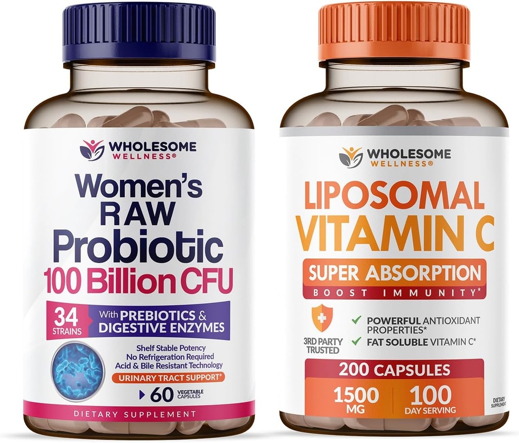 Wholesome Wellness Probiotics for Women 100 Billion CFUs with Prebiotics, Digestive Enzymes + Liposomal Vitamin C Capsules High Absorption, Ascorbic Acid Supplement Bundle