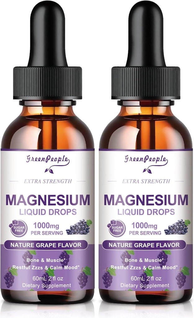 GREENPEOPLE Magnesium Glycinate Liquid Drops - 1000mg 5-in-1 High Absorption Liquid Magnesium for Sleep with D3/K2/B6 | Fast-Acting, Bone, Muscle & Sleep | Sugar-Free Grape Flavor, 2fl Oz 2 Pack