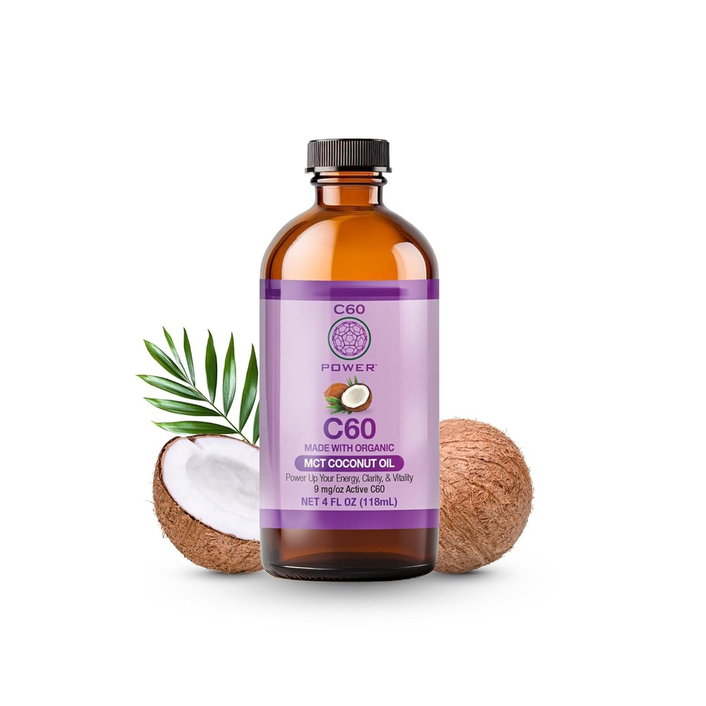 C60 Power C60 in Organic MCT Coconut Oil - Natural Wellness Support for Men & Women, 99.99% Pure Carbon Fullerenes, Promotes Energy, Mental Clarity, & Stamina - 4 fl oz Bottle