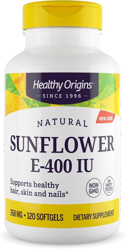 Healthy Origins Sunflower Vitamin E-400 IU (Non-GMO, Gluten Free, Soy Free, Hair Support, Nail Support, Skin Support, Cardiovascular Support), 120 Softgels