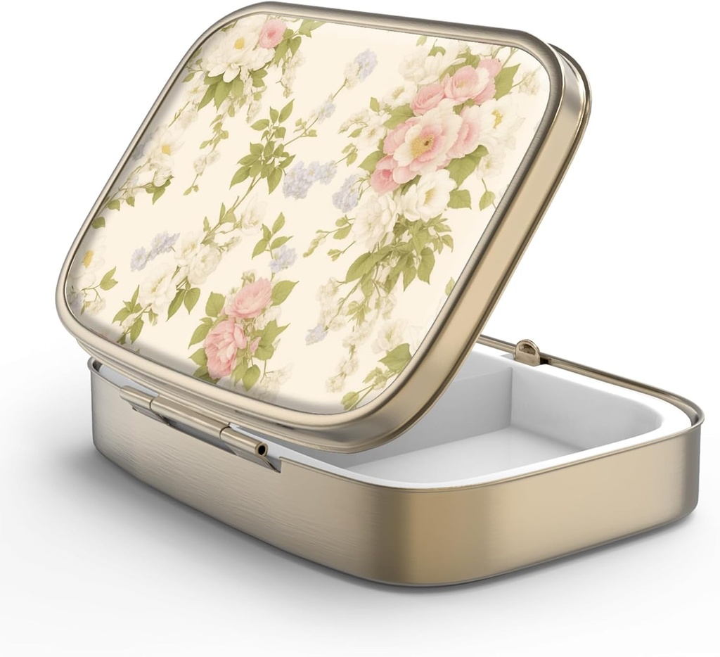 Pill Case Pill Box with Mirror Retro 2 Compartment Small Pill Case for Purse or Pocket Bronze Rectangular Pill Box or Vitamins, Fish Oil, Supplements, Pill Containe Travel Gifts（Vintage Floral）