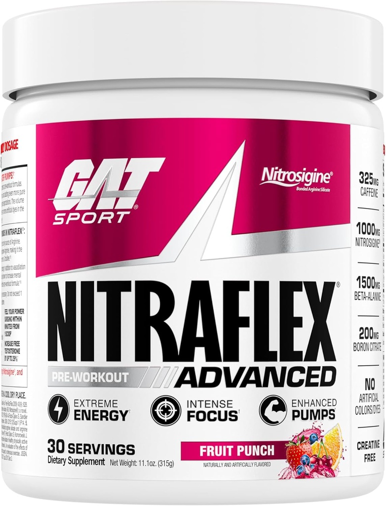 GAT SPORT Nitraflex Advanced Pre-Workout Powder, Increases Blood Flow, Boosts Strength and Energy, Improves Exercise Performance, Men & Women (Fruit Punch, 30 Servings)