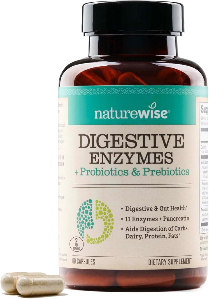 NatureWise Digestive Enzymes - Multi Enzymes with Probiotics + Prebiotics - Post Mealtime Comfort & Bloating Support + Aids Digestion and Gut Health - Soy-Free, Non-GMO - 60 Capsules[1-Month Supply]